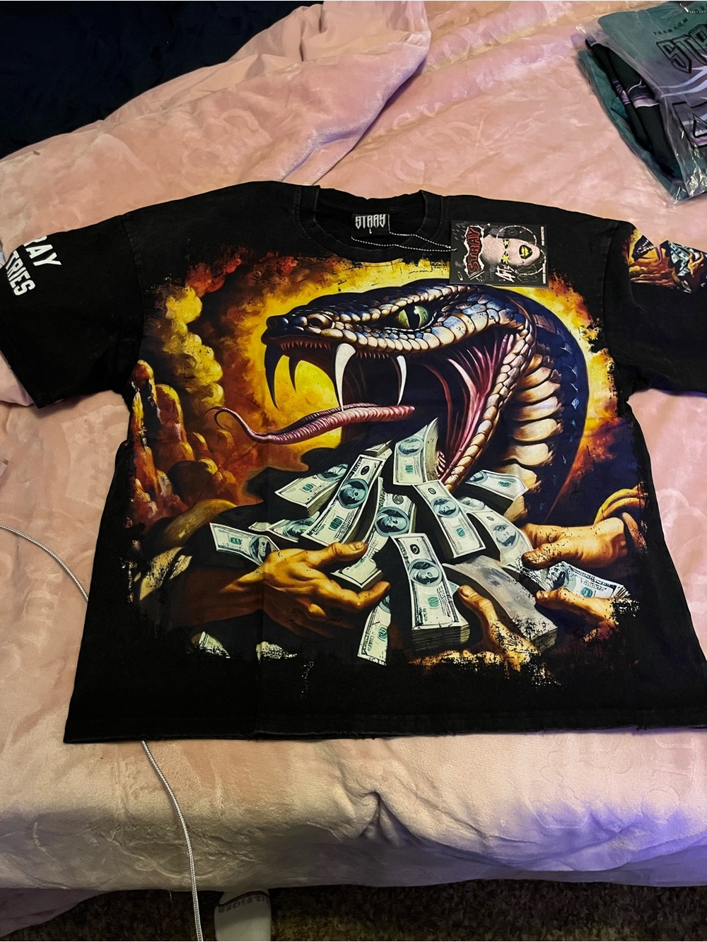 Black Snake Graphic Tee with Money Motif -